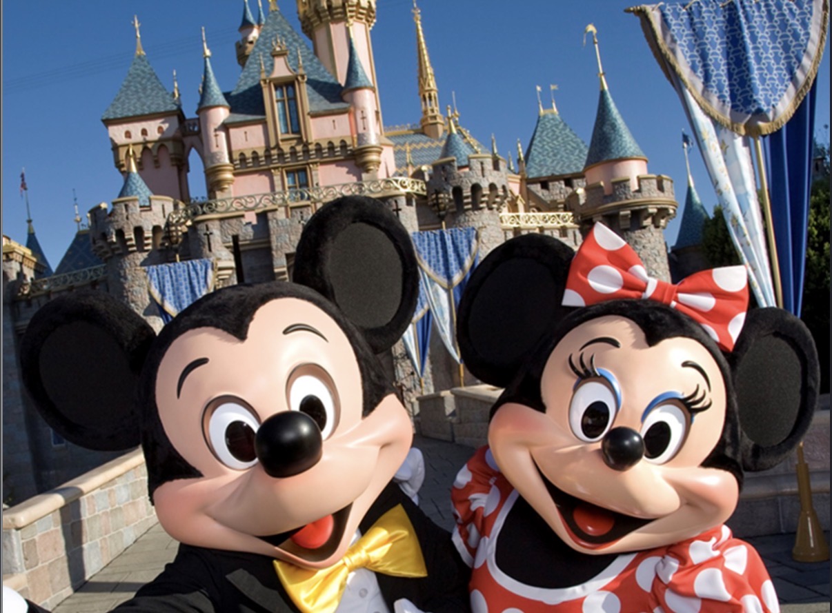 Mickey and Minnie Mouse in front of the Disney castle